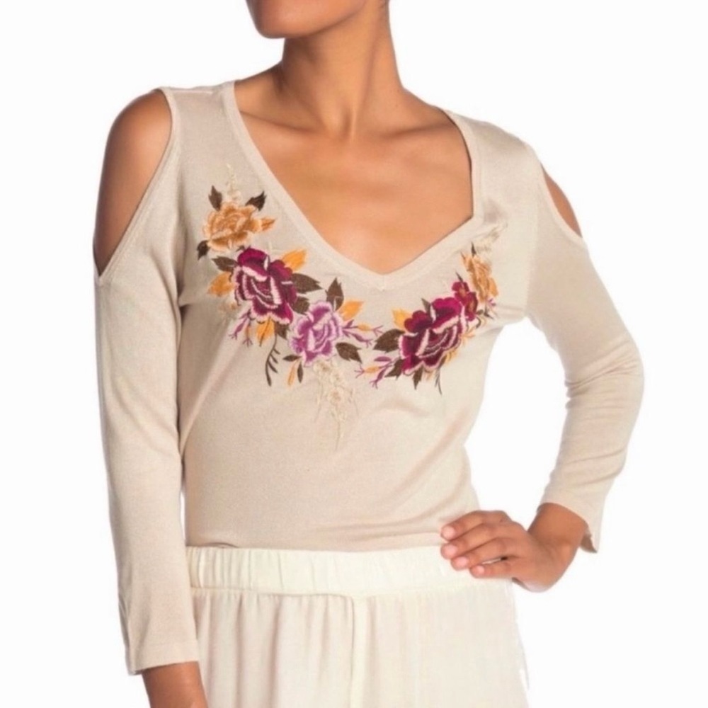 Johnny Was Embroidered Cold Shoulder Knot Top. - Picture 6 of 6